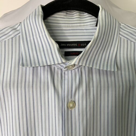 John Varvatos Men's Blue White Striped Long Sleeve Button Down Shirt Size 16 1/2 - Picture 3 of 16